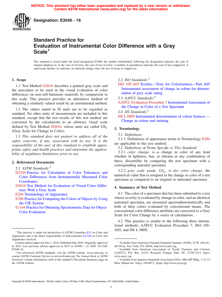 ASTM E3040-16 - Standard Practice for Evaluation of Instrumental Color Difference with a Gray Scale