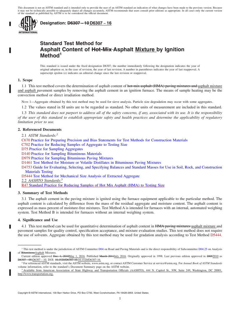 REDLINE ASTM D6307-16 - Standard Test Method for  Asphalt Content of Asphalt Mixture by Ignition Method