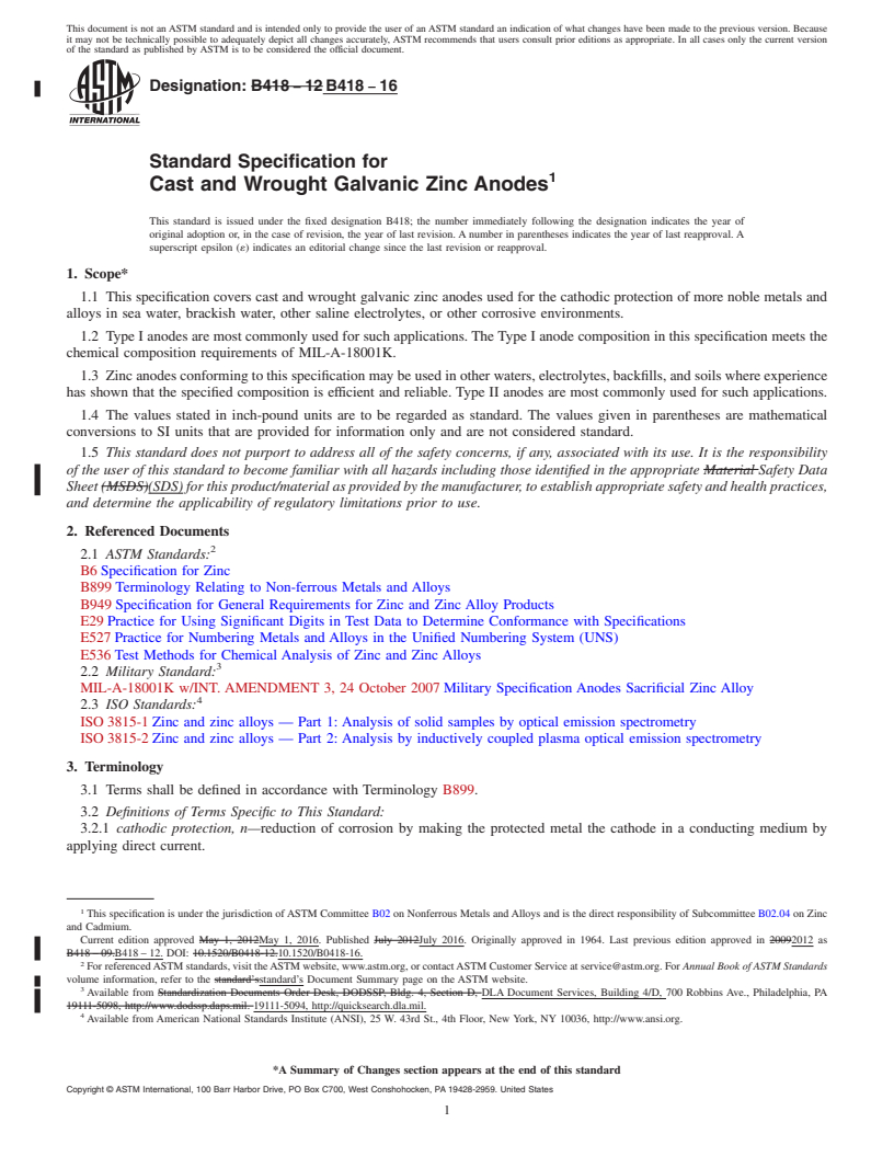 REDLINE ASTM B418-16 - Standard Specification for Cast and Wrought Galvanic Zinc Anodes