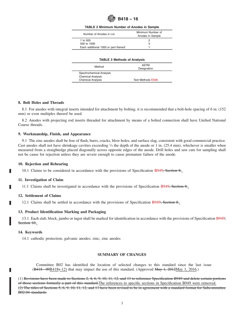 REDLINE ASTM B418-16 - Standard Specification for Cast and Wrought Galvanic Zinc Anodes