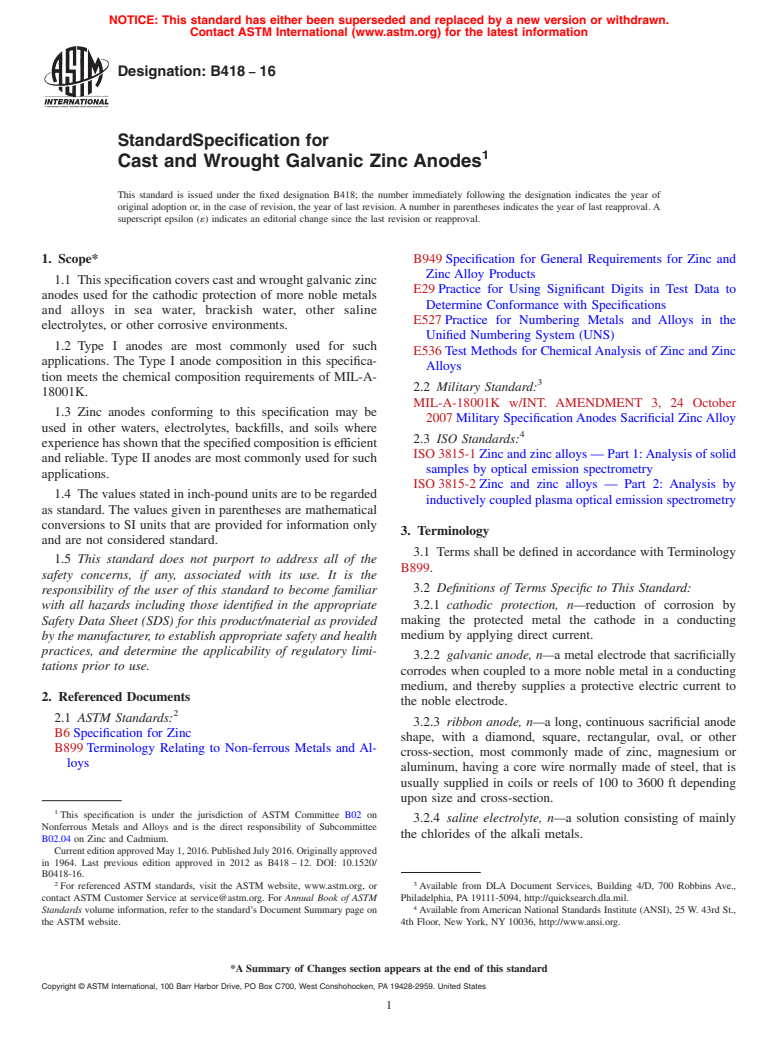 ASTM B418-16 - Standard Specification for Cast and Wrought Galvanic Zinc Anodes