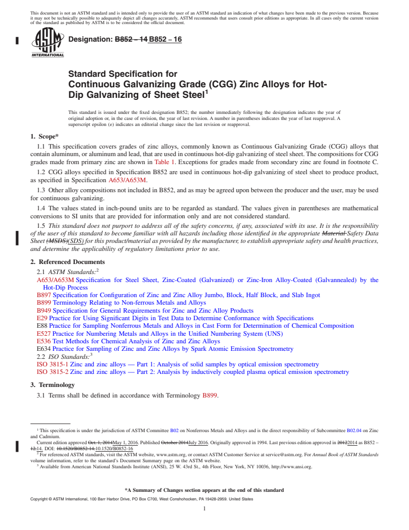 REDLINE ASTM B852-16 - Standard Specification for Continuous Galvanizing Grade (CGG) Zinc Alloys for Hot-Dip  Galvanizing  of Sheet Steel