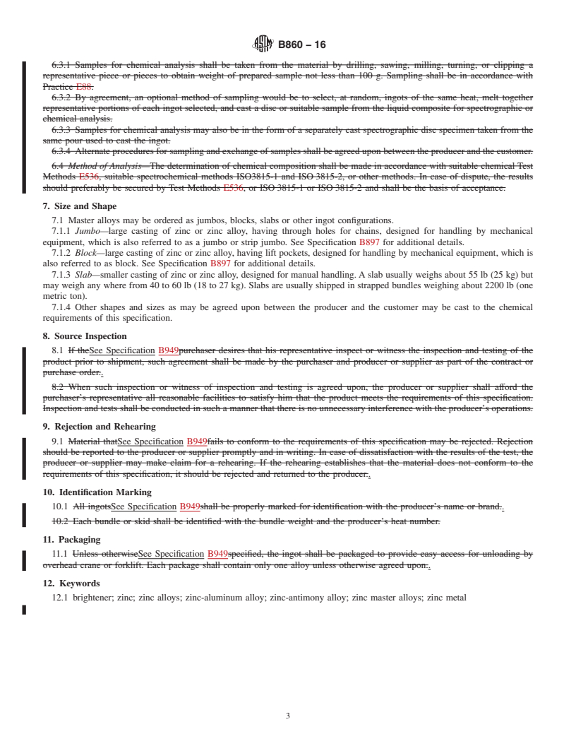 REDLINE ASTM B860-16 - Standard Specification for Zinc Master Alloys for Use in Hot Dip Galvanizing