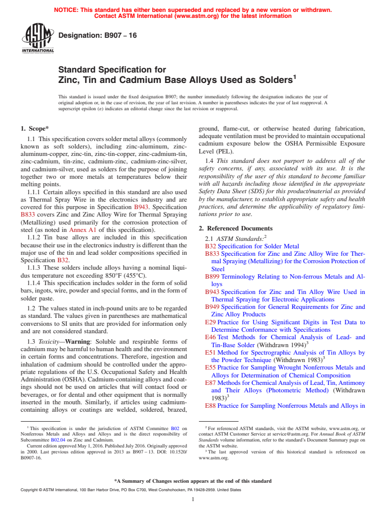 ASTM B907-16 - Standard Specification for Zinc, Tin and Cadmium Base Alloys Used as Solders