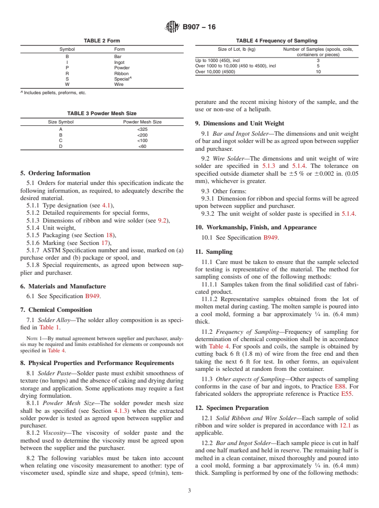 ASTM B907-16 - Standard Specification for Zinc, Tin and Cadmium Base Alloys Used as Solders