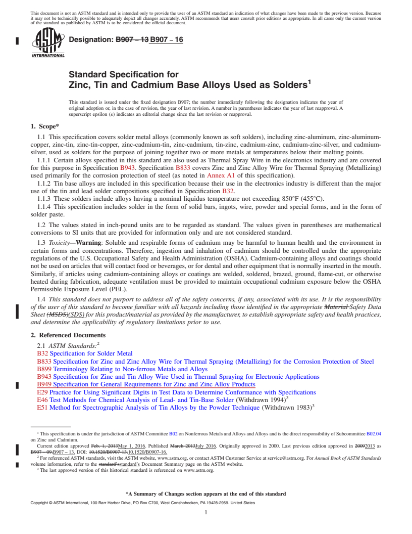 REDLINE ASTM B907-16 - Standard Specification for Zinc, Tin and Cadmium Base Alloys Used as Solders