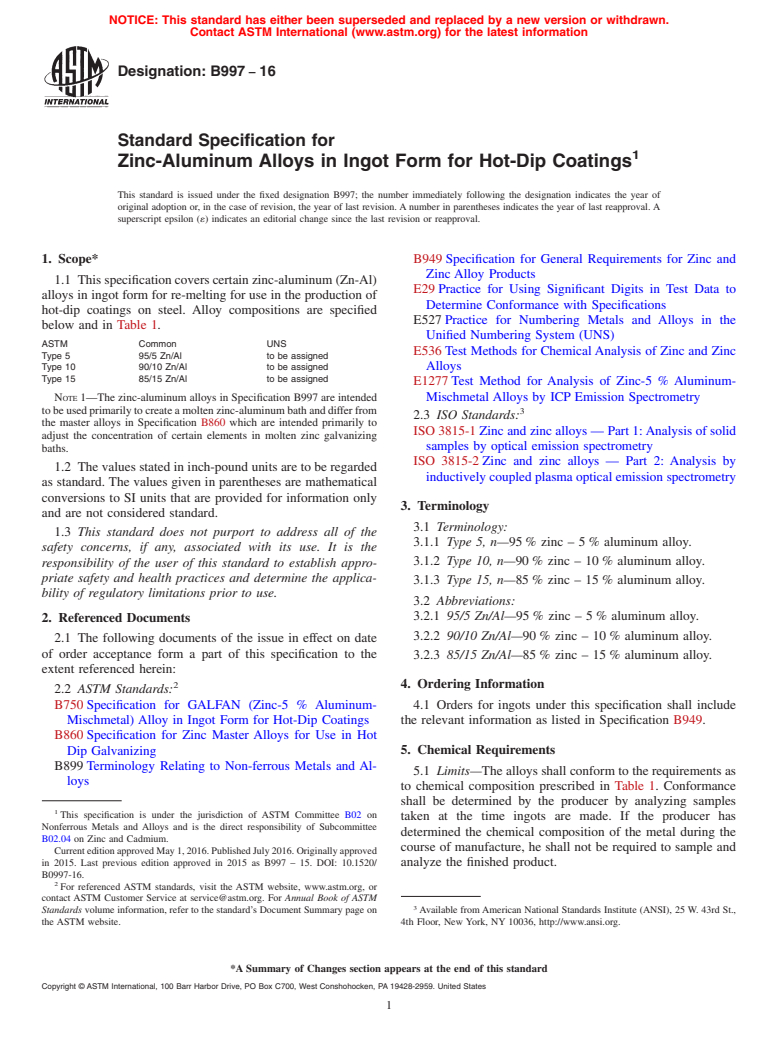 ASTM B997-16 - Standard Specification for Zinc-Aluminum Alloys in Ingot Form for Hot-Dip Coatings