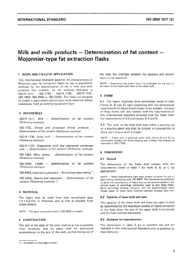 ISO 3889:1977 - Milk and milk products -- Determination of fat content -- Mojonnier-type fat extraction flasks