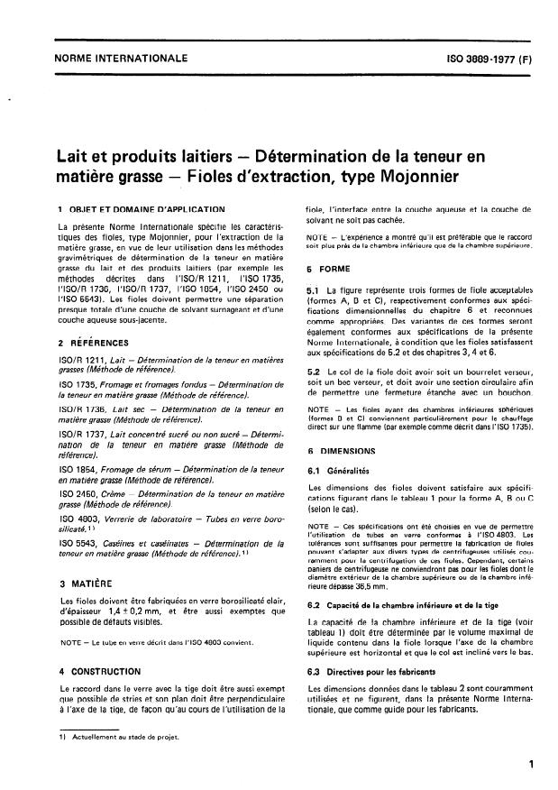ISO 3889:1977 - Lait et produits laitiers -- Détermination de la teneur en matiere grasse -- Fioles d'extraction, type Mojonnier