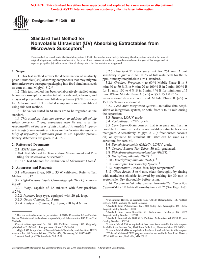 ASTM F1349-98 - Standard Test Method for Nonvolatile Ultraviolet (UV) Absorbing Extractables from Microwave Susceptors