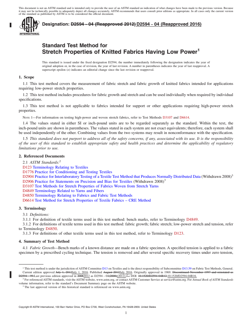 REDLINE ASTM D2594-04(2016) - Standard Test Method for  Stretch Properties of Knitted Fabrics Having Low Power