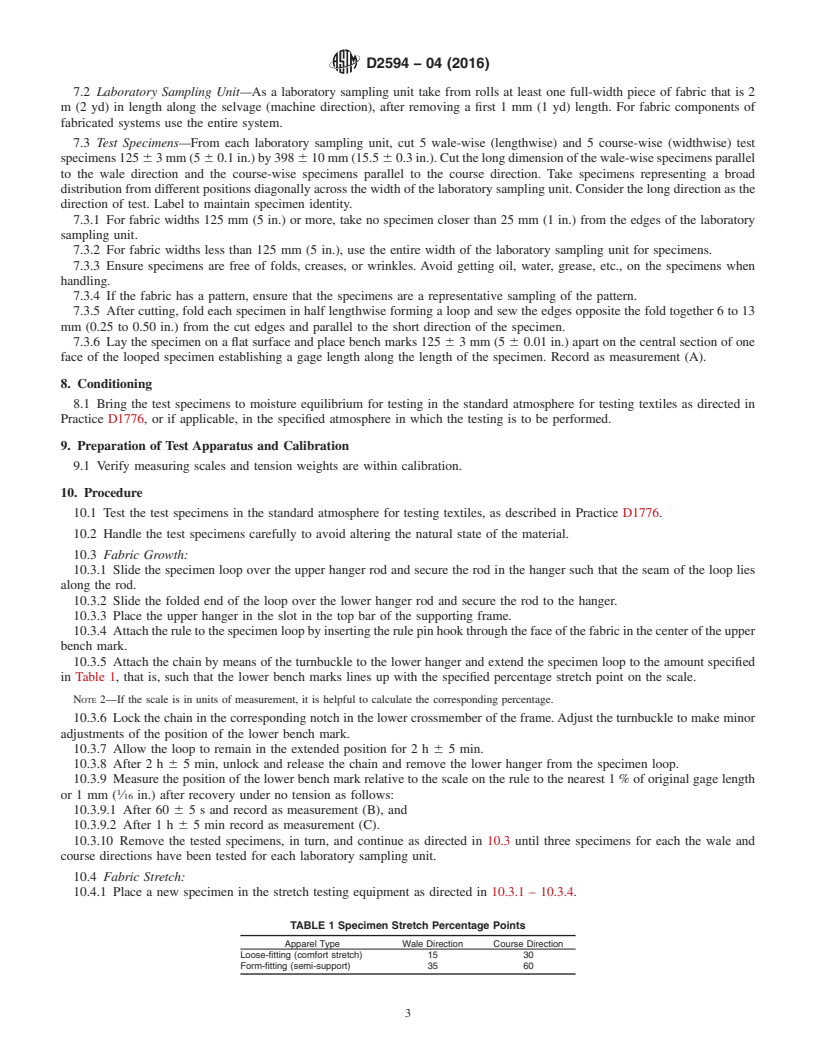 REDLINE ASTM D2594-04(2016) - Standard Test Method for  Stretch Properties of Knitted Fabrics Having Low Power