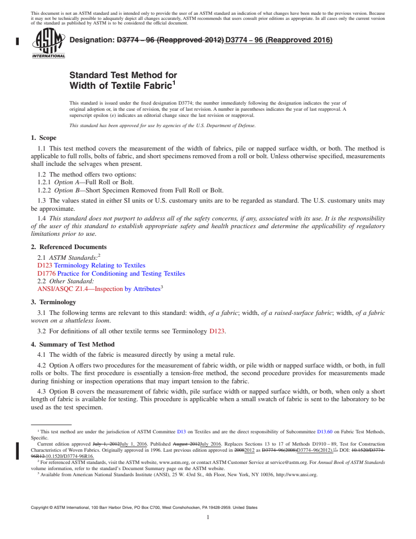 REDLINE ASTM D3774-96(2016) - Standard Test Method for  Width of Textile Fabric