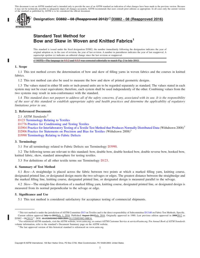 REDLINE ASTM D3882-08(2016) - Standard Test Method for  Bow and Skew in Woven and Knitted Fabrics