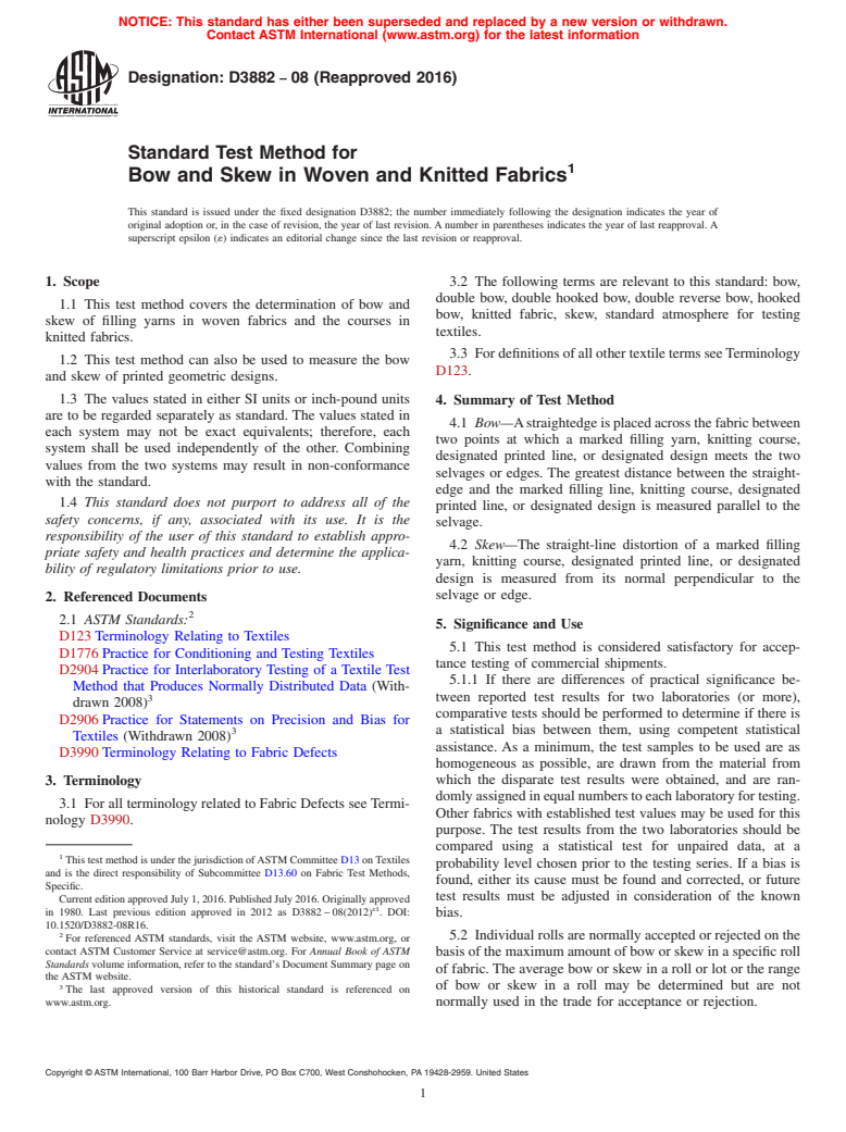 ASTM D3882-08(2016) - Standard Test Method for  Bow and Skew in Woven and Knitted Fabrics