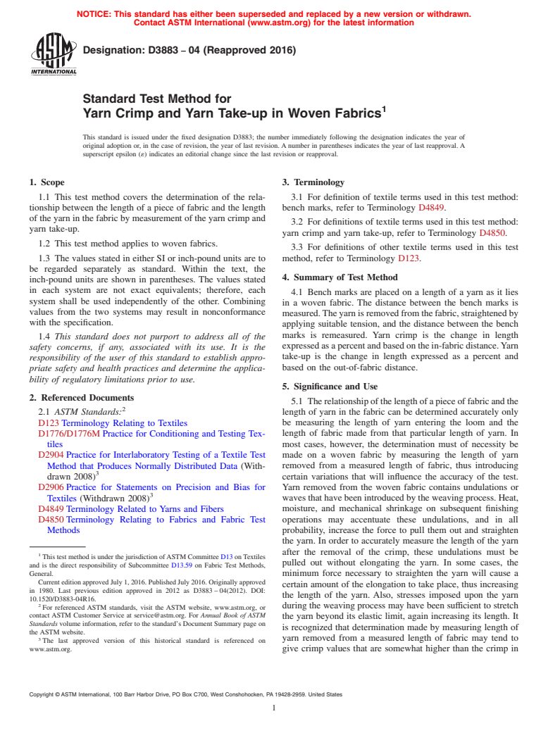 ASTM D3883-04(2016) - Standard Test Method for  Yarn Crimp and Yarn Take-up in Woven Fabrics