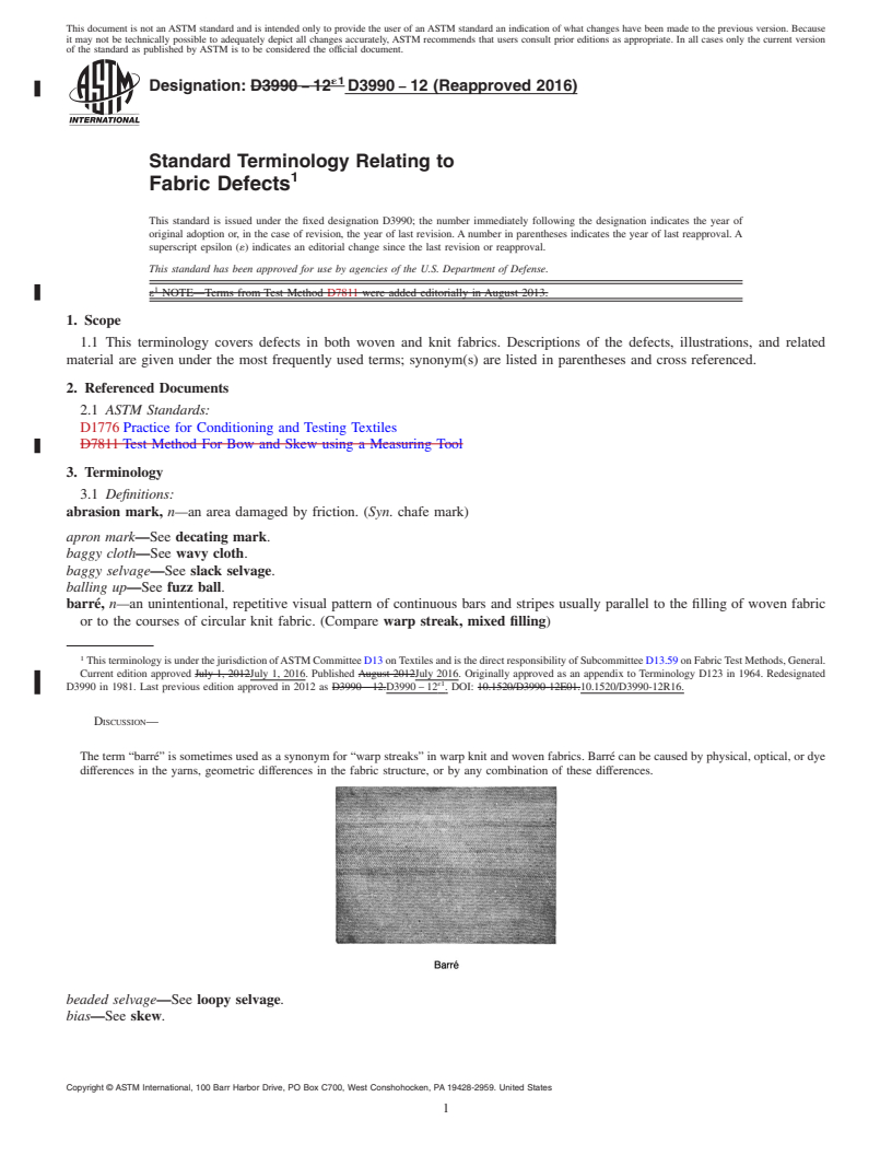 REDLINE ASTM D3990-12(2016) - Standard Terminology Relating to  Fabric Defects