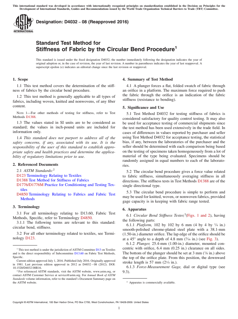 ASTM D4032-08(2016) - Standard Test Method for  Stiffness of Fabric by the Circular Bend Procedure