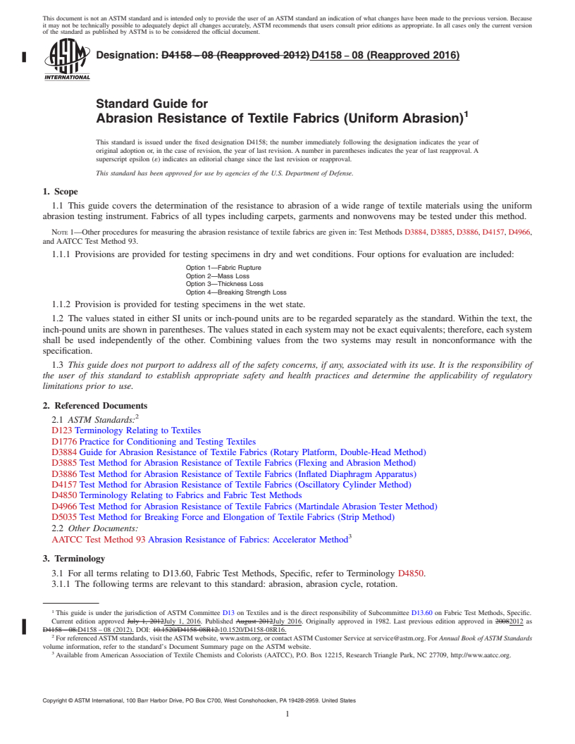 REDLINE ASTM D4158-08(2016) - Standard Guide for  Abrasion Resistance of Textile Fabrics (Uniform Abrasion)