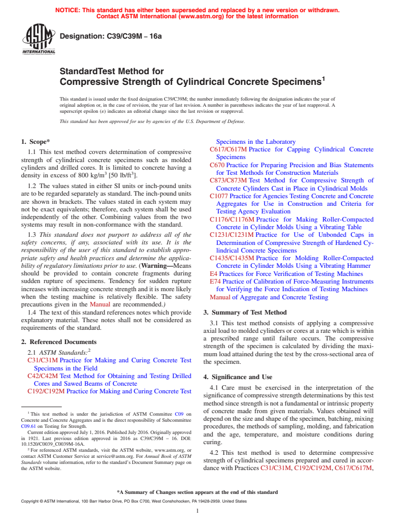 ASTM C39/C39M-16a - Standard Test Method for  Compressive Strength of Cylindrical Concrete Specimens