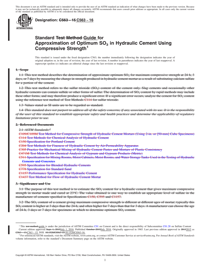 REDLINE ASTM C563-16 - Standard Guide for  Approximation of Optimum SO<inf>3</inf> in Hydraulic Cement  Using Compressive Strength