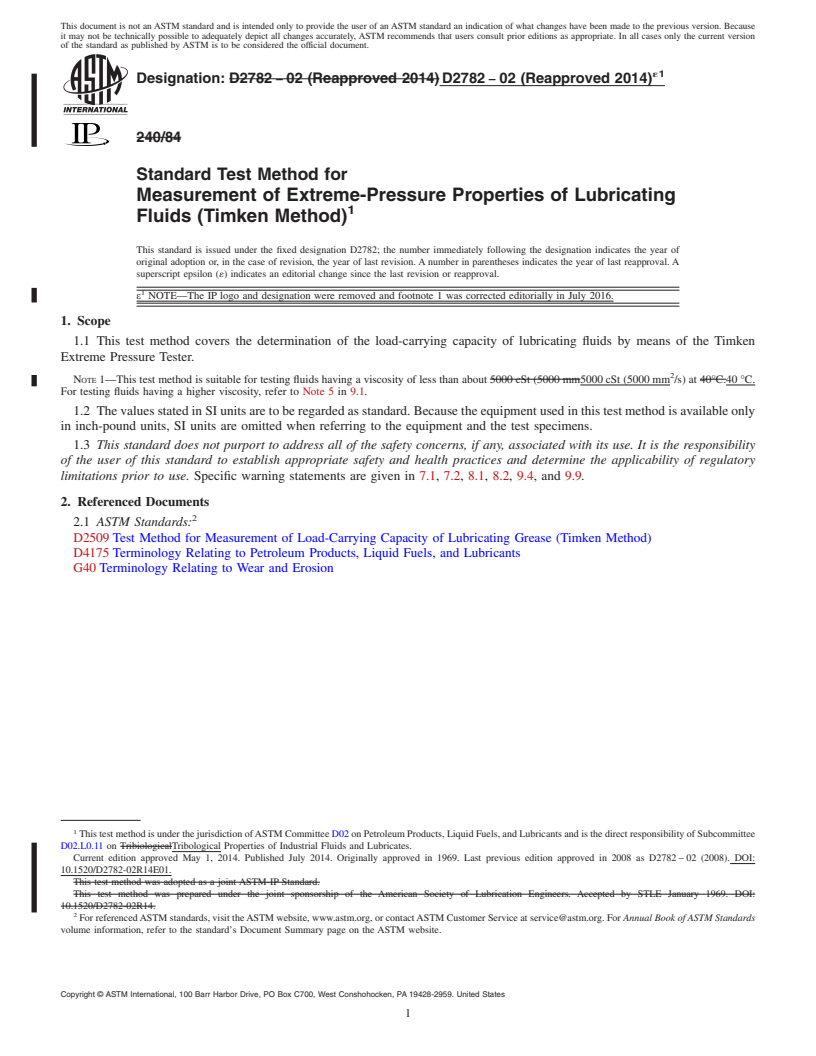 REDLINE ASTM D2782-02(2014)e1 - Standard Test Method for  Measurement of Extreme-Pressure Properties of Lubricating Fluids  (Timken Method)