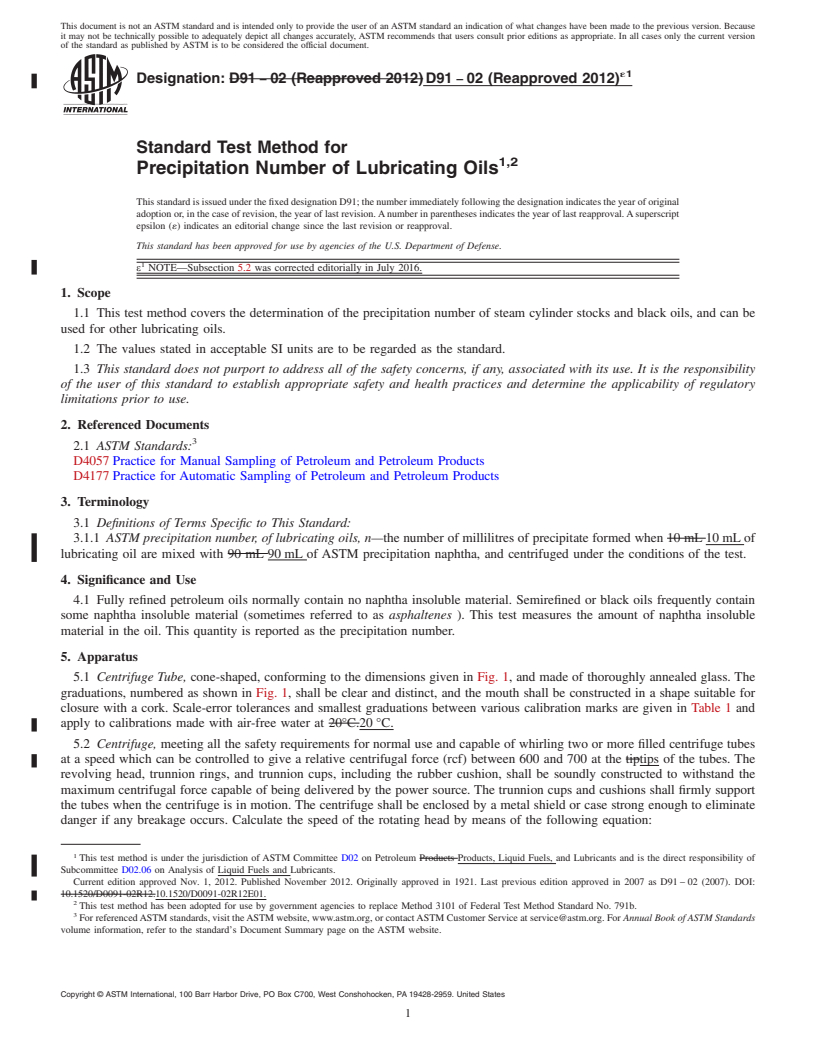 REDLINE ASTM D91-02(2012)e1 - Standard Test Method for  Precipitation Number of Lubricating Oils