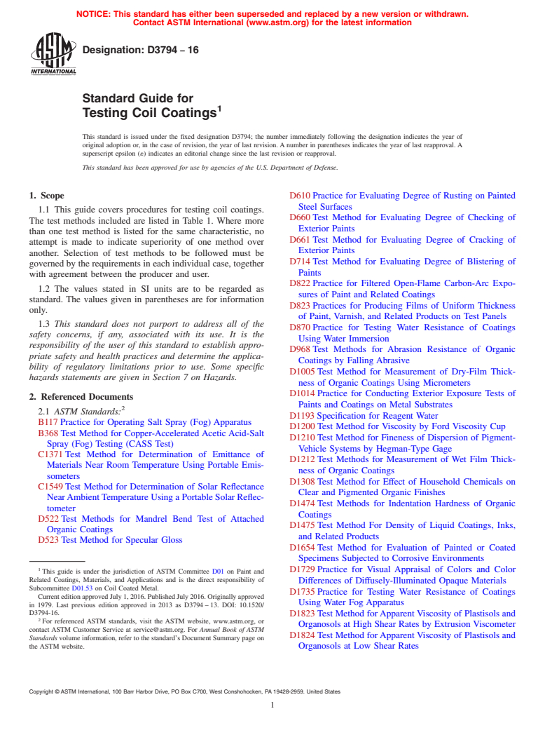 ASTM D3794-16 - Standard Guide for Testing Coil Coatings