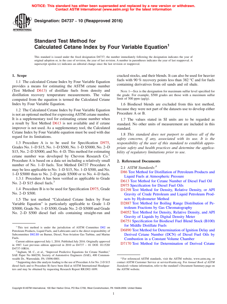 ASTM D4737-10(2016) - Standard Test Method for  Calculated Cetane Index by Four Variable Equation