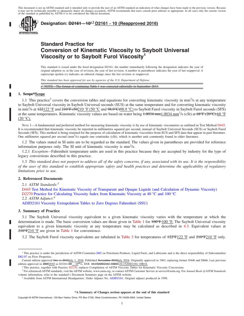 REDLINE ASTM D2161-10(2016) - Standard Practice for  Conversion of Kinematic Viscosity to Saybolt Universal Viscosity  or to Saybolt Furol Viscosity