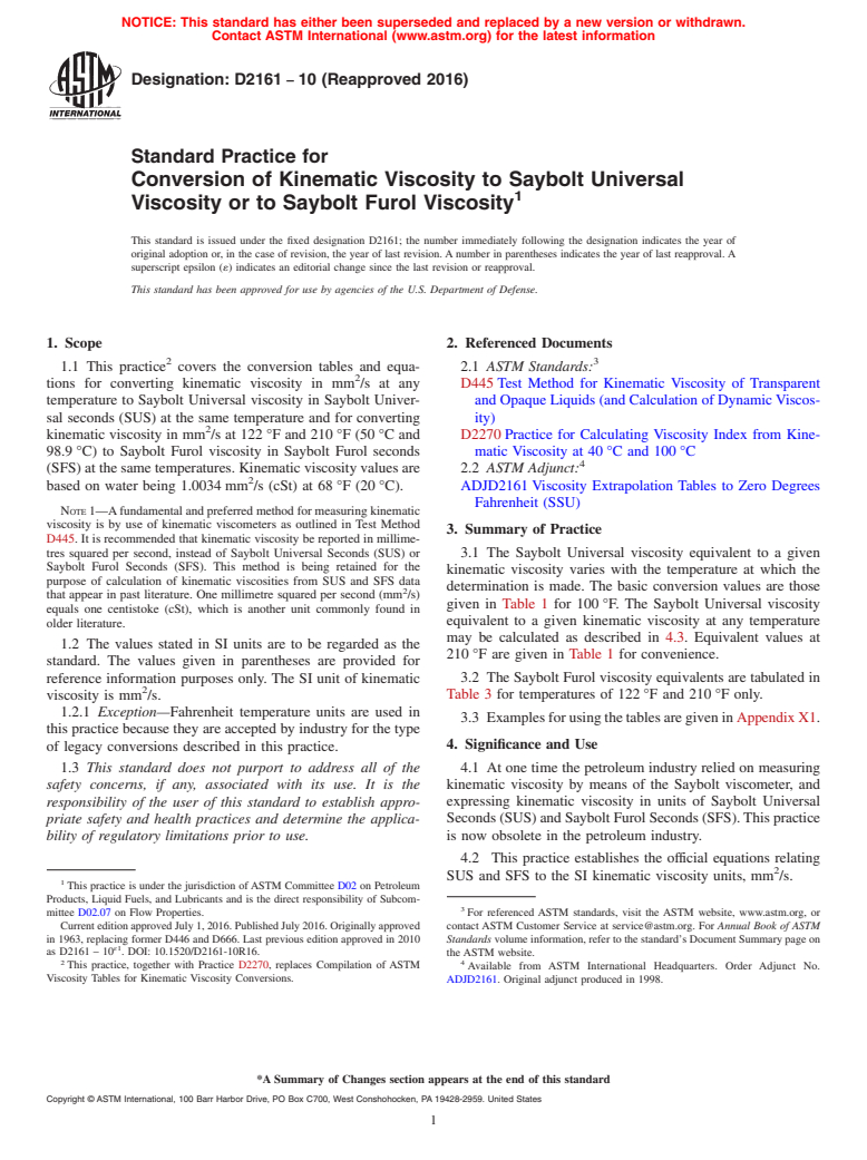 ASTM D2161-10(2016) - Standard Practice for  Conversion of Kinematic Viscosity to Saybolt Universal Viscosity  or to Saybolt Furol Viscosity