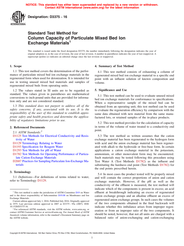 ASTM D3375-16 - Standard Test Method for  Column Capacity of Particulate Mixed Bed Ion<brk/>Exchange  Materials