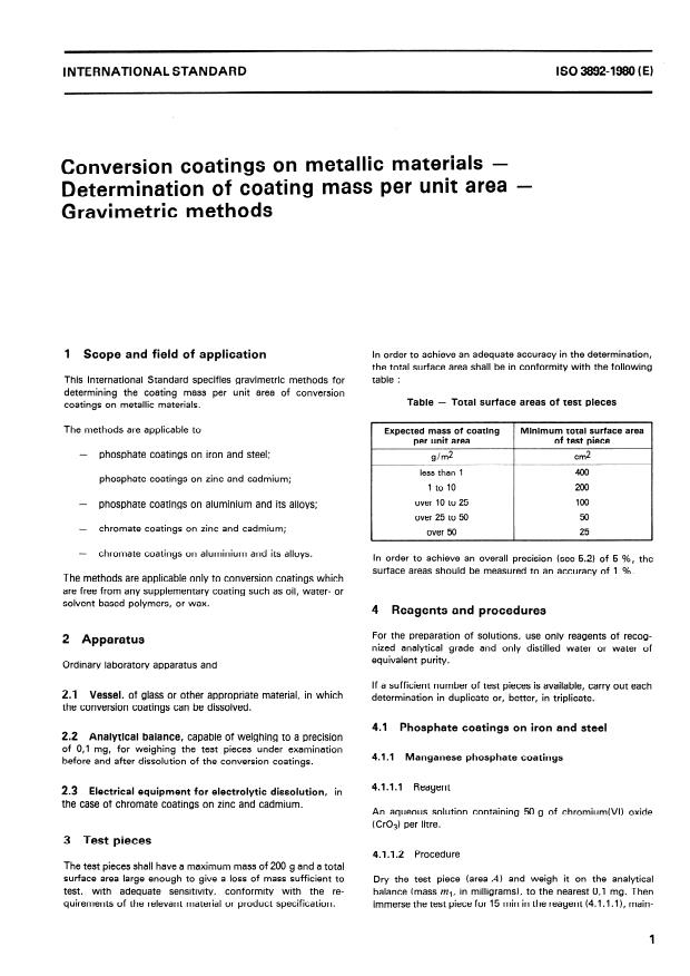 ISO 3892:1980 - Conversion coatings on metallic materials -- Determination of coating mass per unit area -- Gravimetric methods
