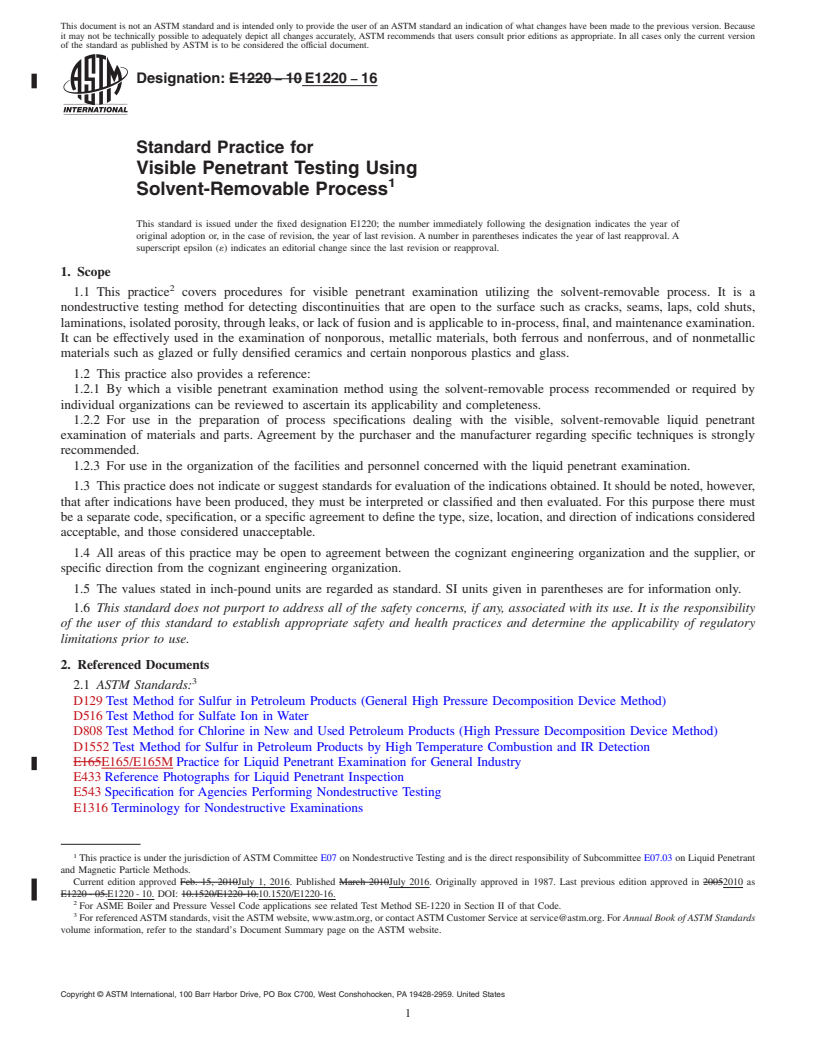 REDLINE ASTM E1220-16 - Standard Practice for  Visible Penetrant Testing Using Solvent-Removable Process