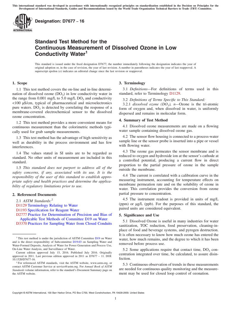 ASTM D7677-16 - Standard Test Method for the  Continuous Measurement of Dissolved Ozone in Low Conductivity   Water