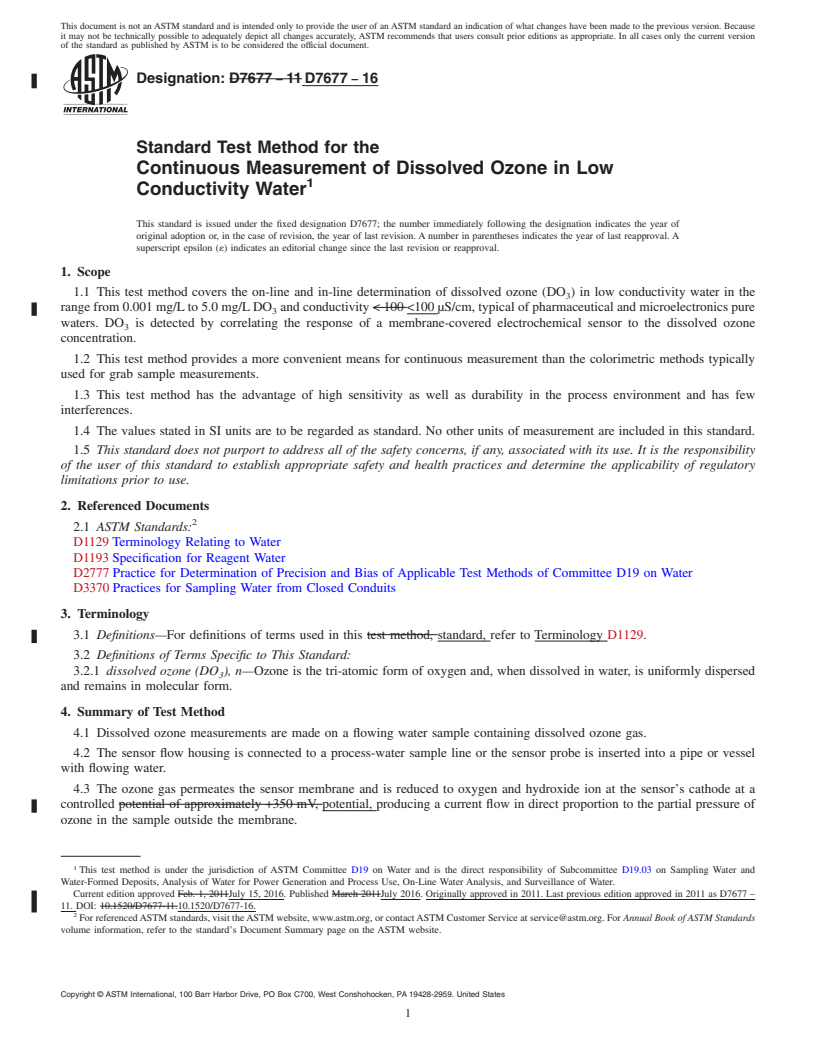 REDLINE ASTM D7677-16 - Standard Test Method for the  Continuous Measurement of Dissolved Ozone in Low Conductivity   Water