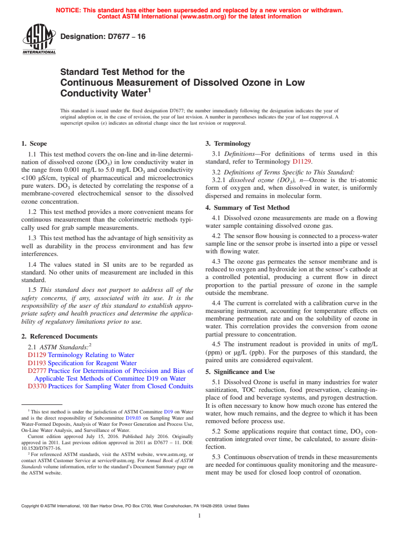 ASTM D7677-16 - Standard Test Method for the  Continuous Measurement of Dissolved Ozone in Low Conductivity   Water