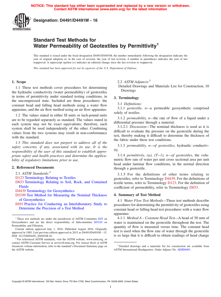ASTM D4491/D4491M-16 - Standard Test Methods for Water Permeability of Geotextiles by Permittivity