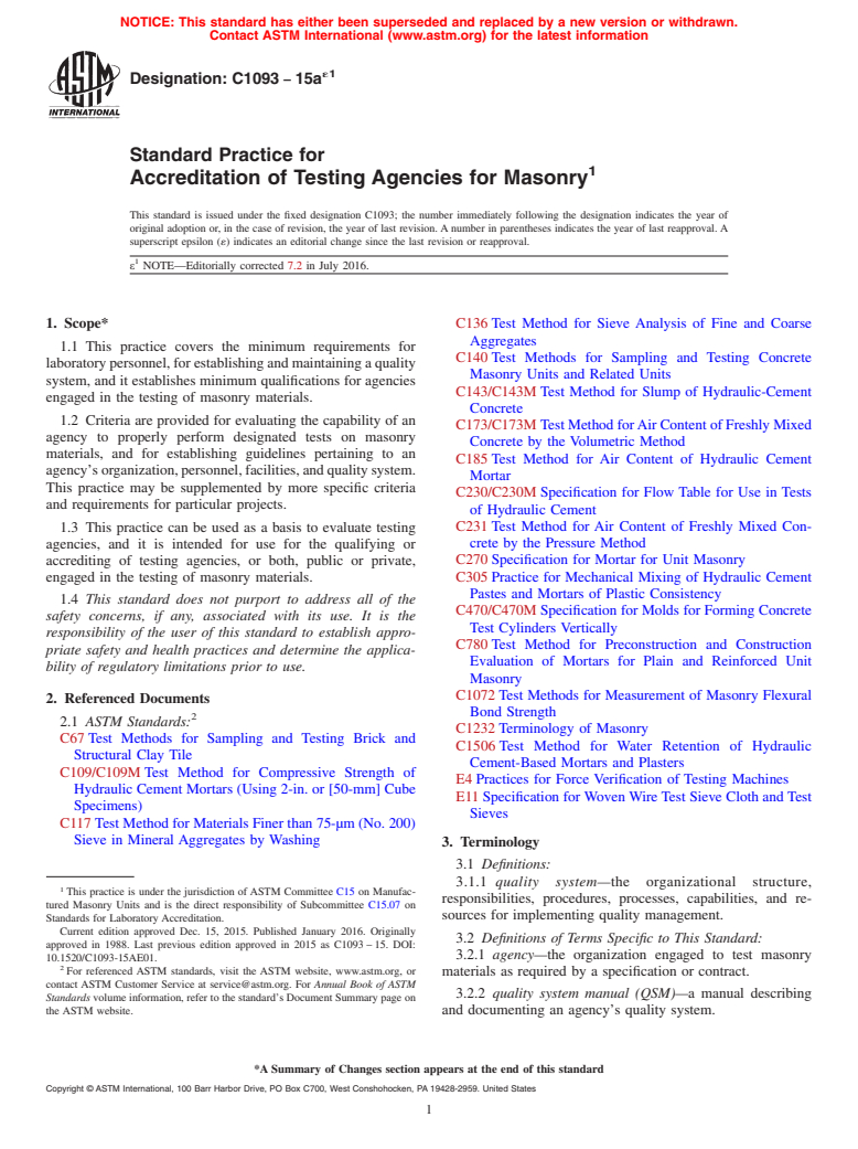 ASTM C1093-15ae1 - Standard Practice for Accreditation of Testing Agencies for Masonry