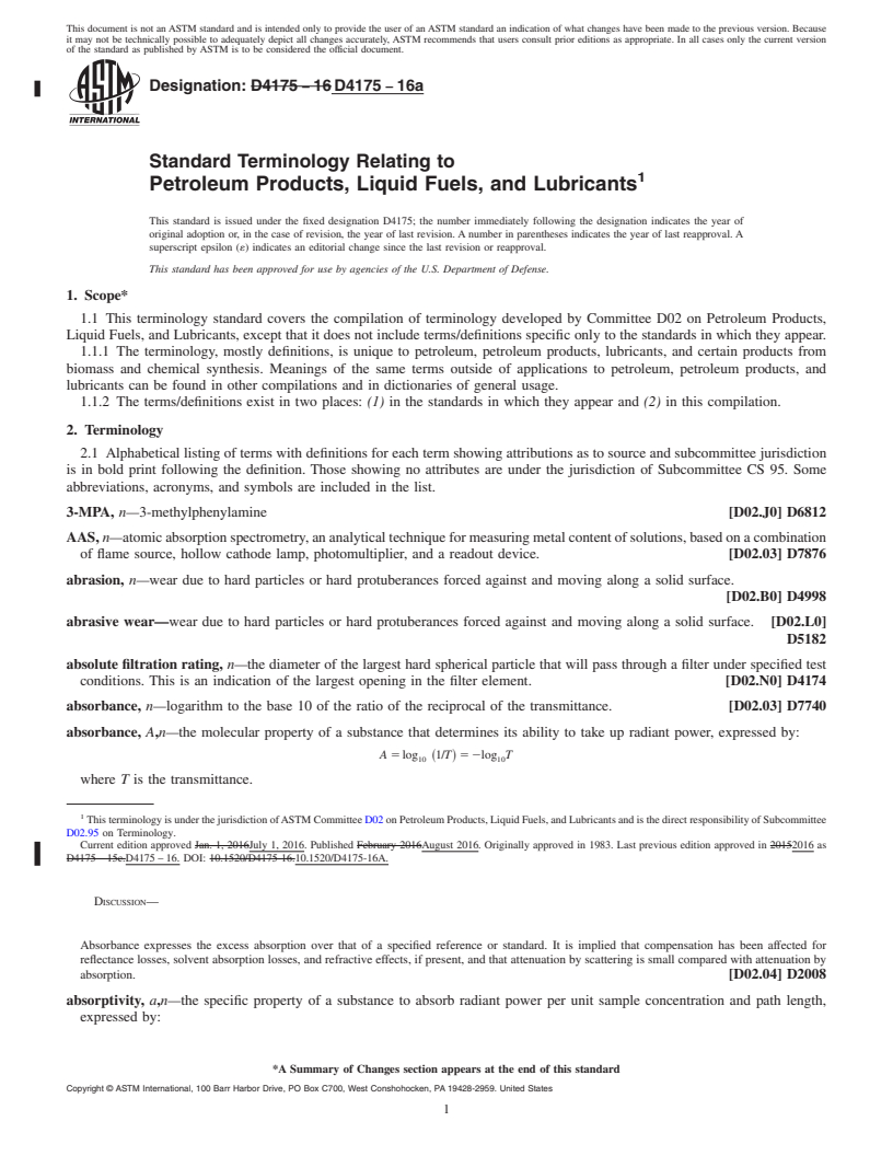 REDLINE ASTM D4175-16a - Standard Terminology Relating to Petroleum Products, Liquid Fuels, and Lubricants