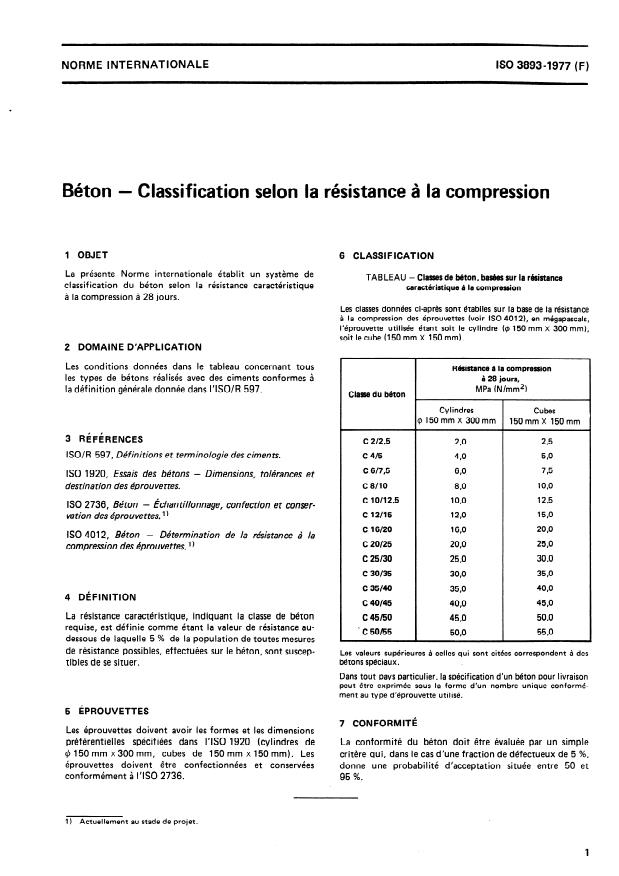 ISO 3893:1977 - Béton -- Classification selon la résistance a la compression
