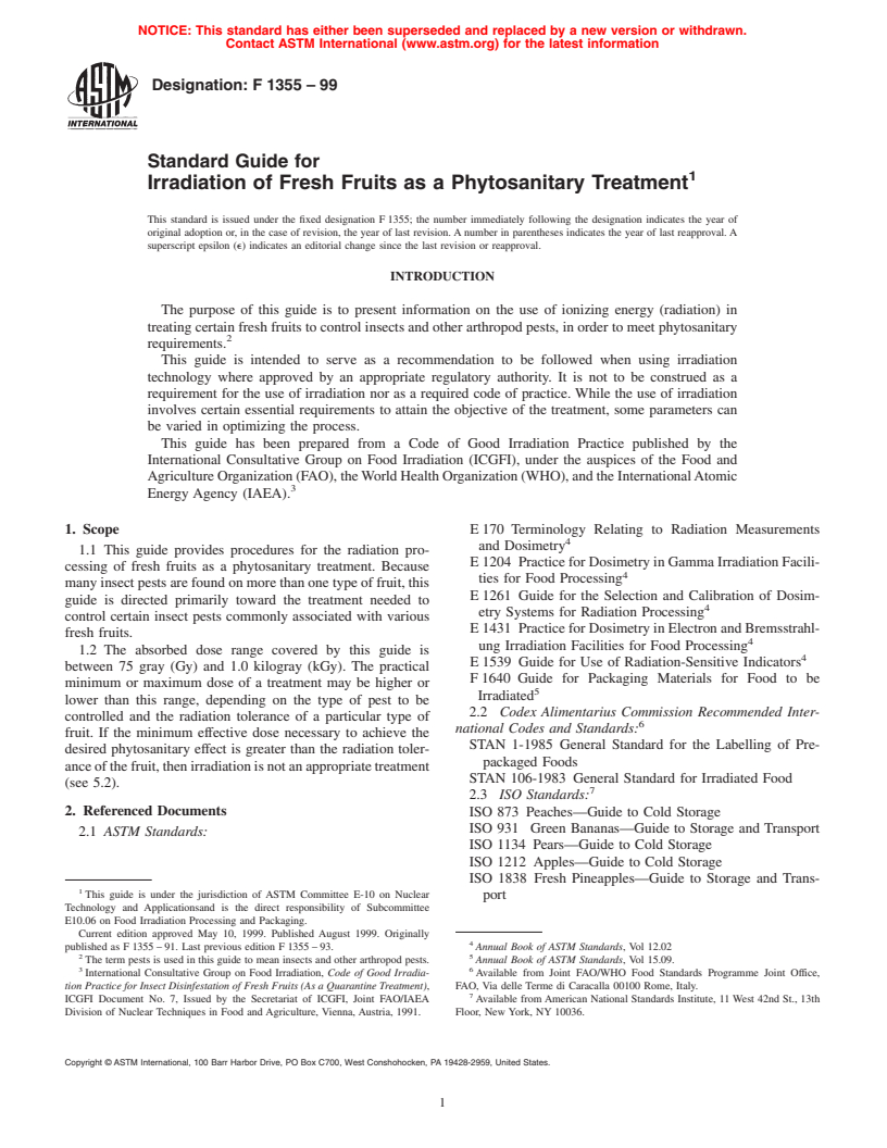 ASTM F1355-99 - Standard Guide for Irradiation of Fresh Fruits as a Phytosanitary Treatment