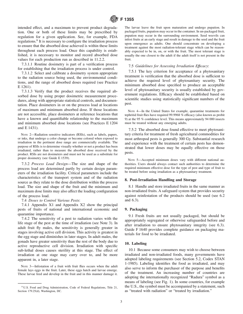 ASTM F1355-99 - Standard Guide for Irradiation of Fresh Fruits as a Phytosanitary Treatment