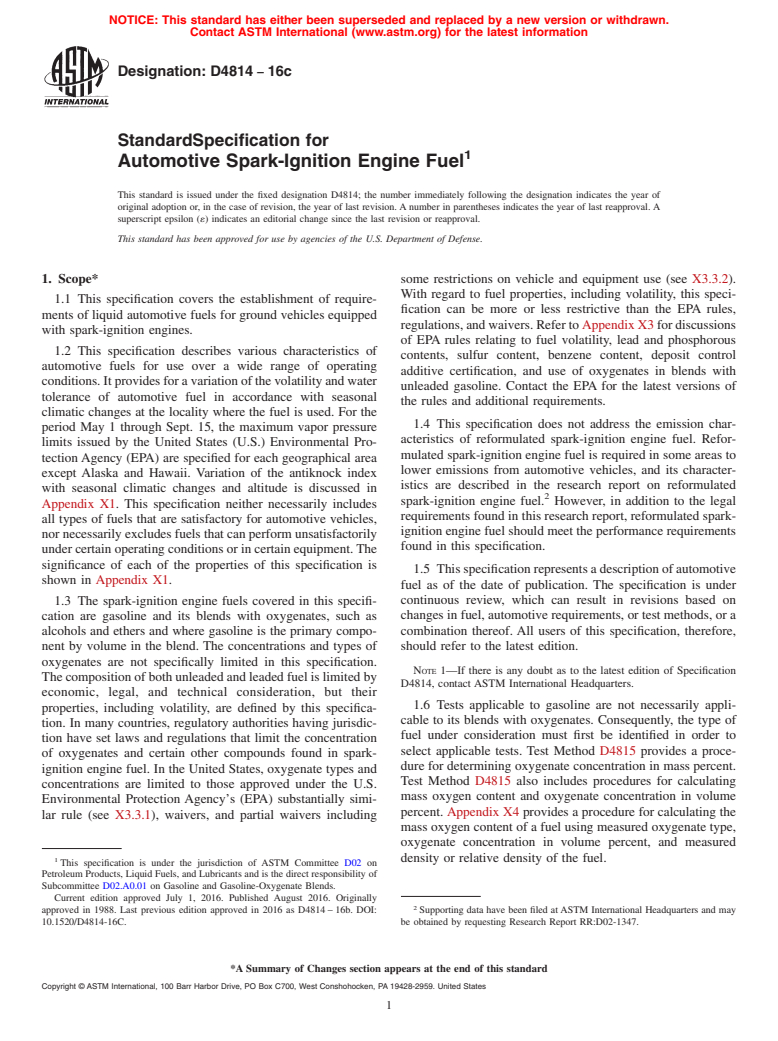 ASTM D4814-16c - Standard Specification for Automotive Spark-Ignition Engine Fuel