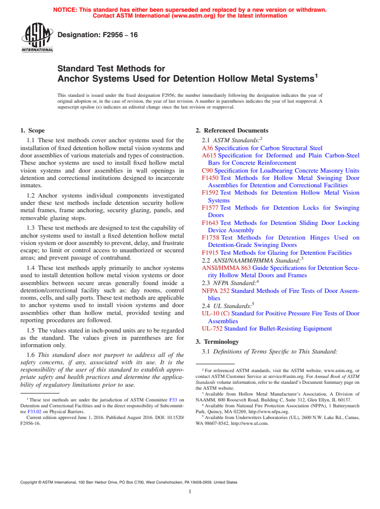 ASTM F2956-16 - Standard Test Methods for Anchor Systems Used for Detention Hollow Metal Systems