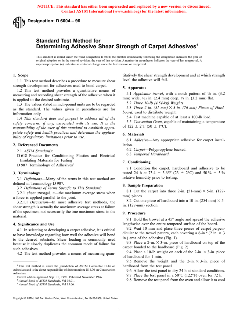 ASTM D6004-96 - Standard Test Method for Determining Adhesive Shear Strength of Carpet Adhesives