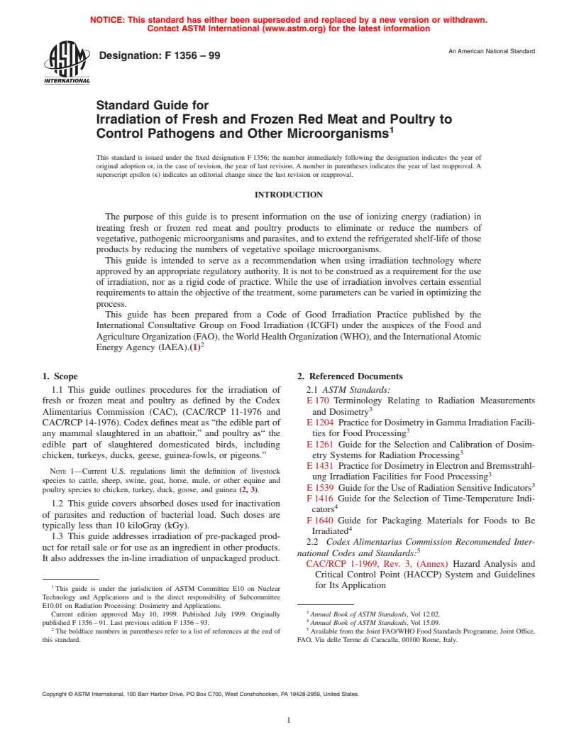 ASTM F1356-99 - Standard Guide for the Irradiation of Fresh and Frozen Red Meat and Poultry to Control Pathogens and Other Microorganisms