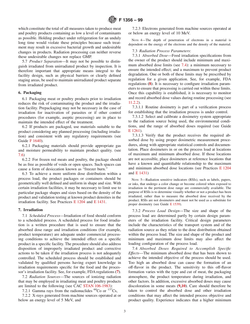 ASTM F1356-99 - Standard Guide for the Irradiation of Fresh and Frozen Red Meat and Poultry to Control Pathogens and Other Microorganisms