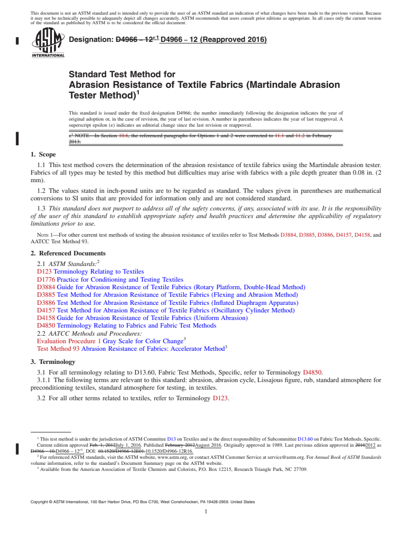 REDLINE ASTM D4966-12(2016) - Standard Test Method for  Abrasion Resistance of Textile Fabrics (Martindale Abrasion  Tester Method)