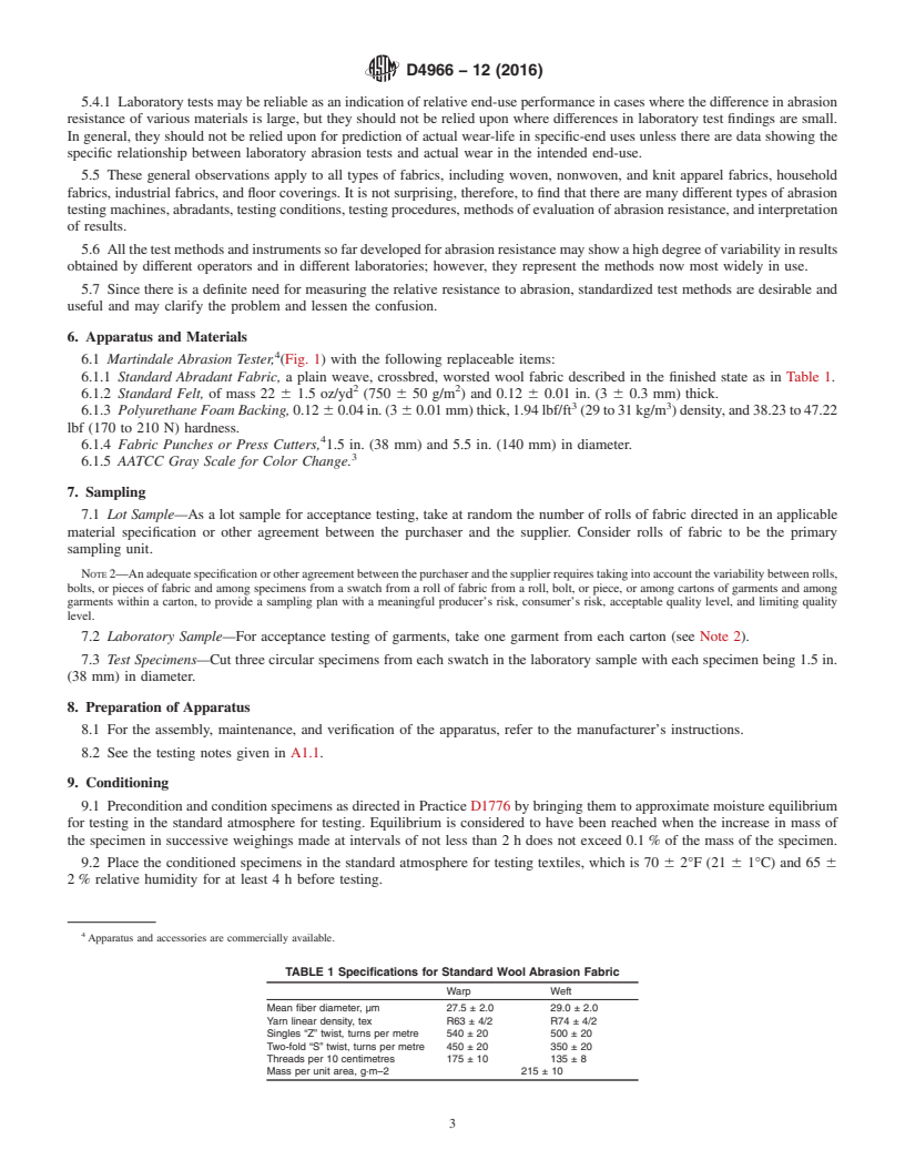 REDLINE ASTM D4966-12(2016) - Standard Test Method for  Abrasion Resistance of Textile Fabrics (Martindale Abrasion  Tester Method)